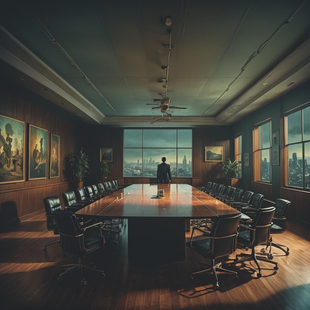 Surreal Empty Boardroom: Moody Fauvist Corporate Art