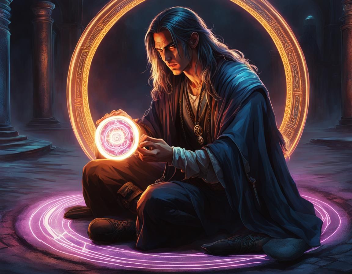 Cyberpunk Mage Kneeling in Magic Circle