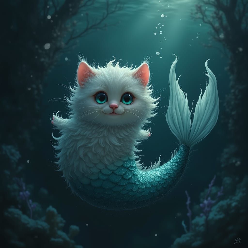 Underwater Mermaid Cat in Dark Moody Style