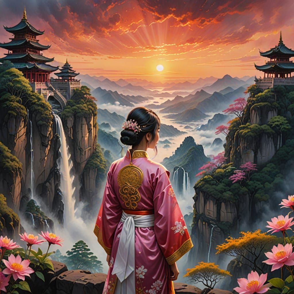 Asian Woman Gazing at Temple in Watercolor Painting