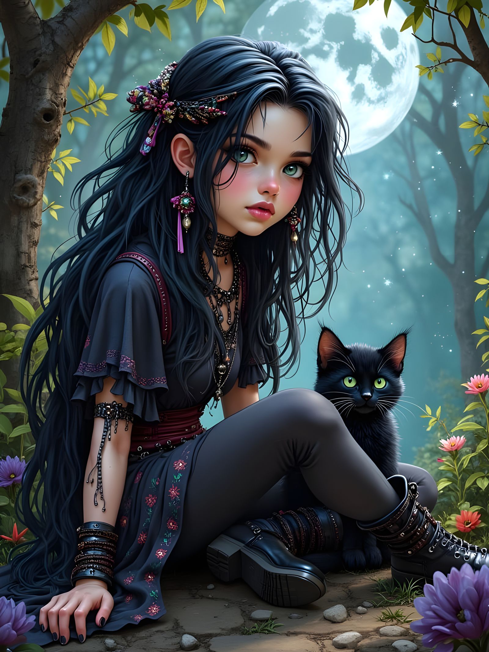 Boho Gothic Girl with Kitten in Ethereal Forest