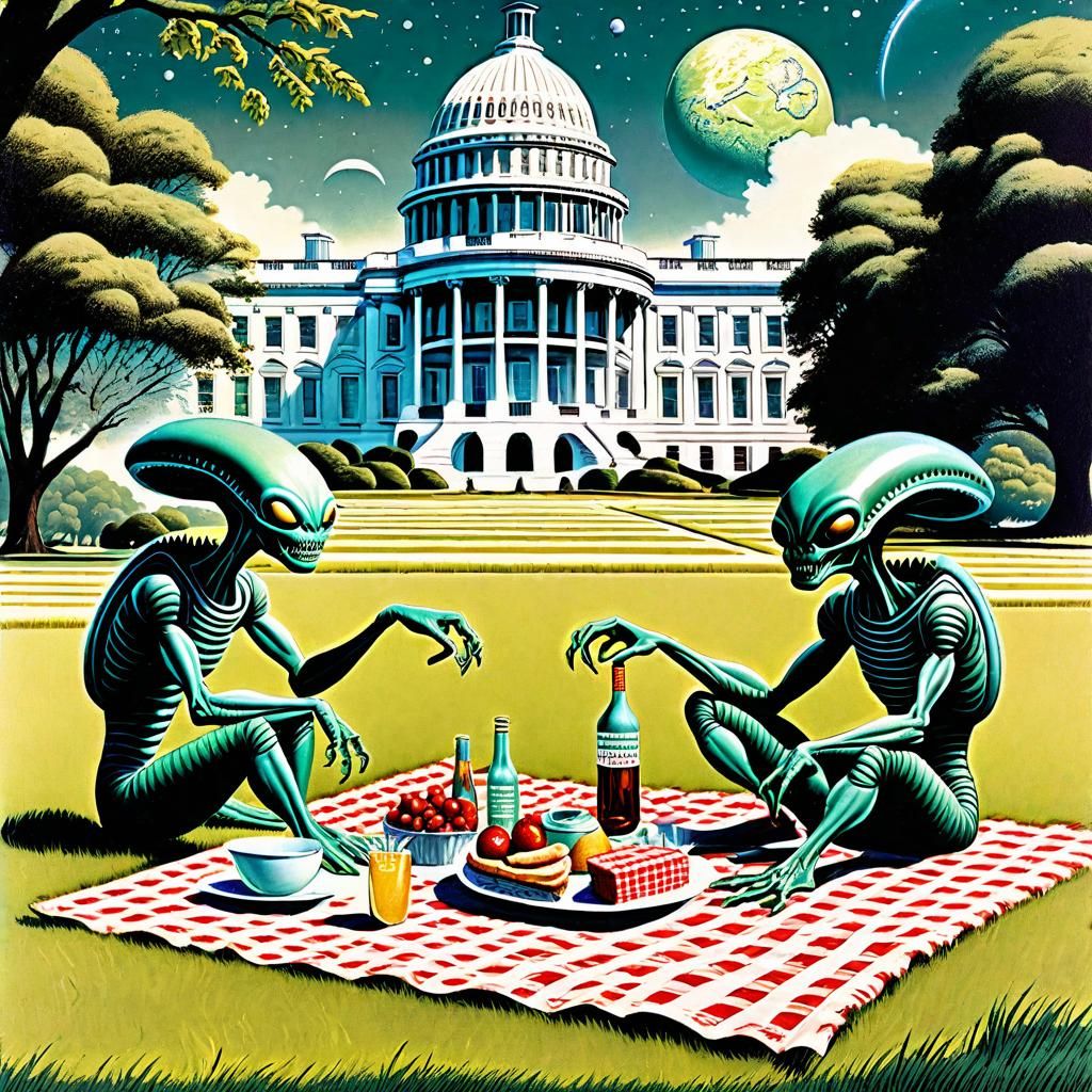Aliens Picnic on White House Lawn: 1950s Postcard