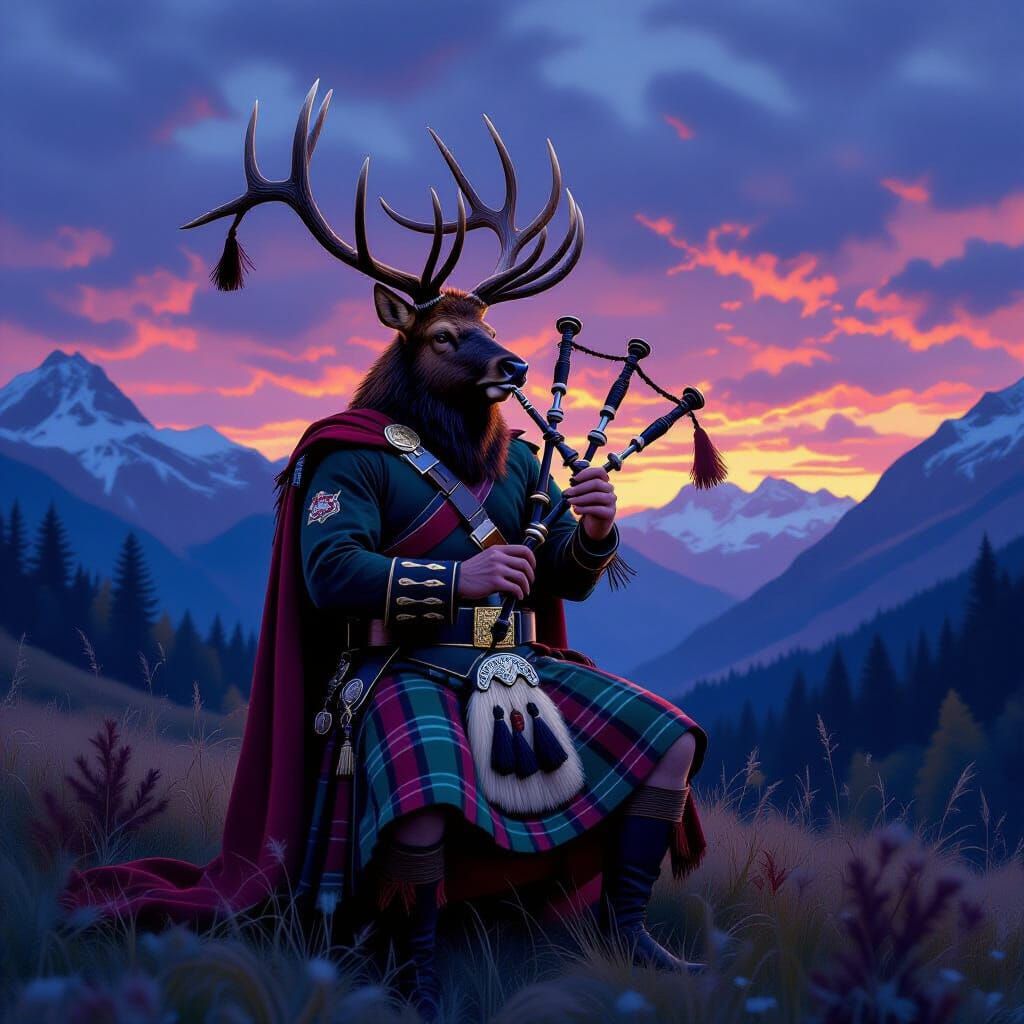 Elk Playing Bagpipes in Scottish Glen