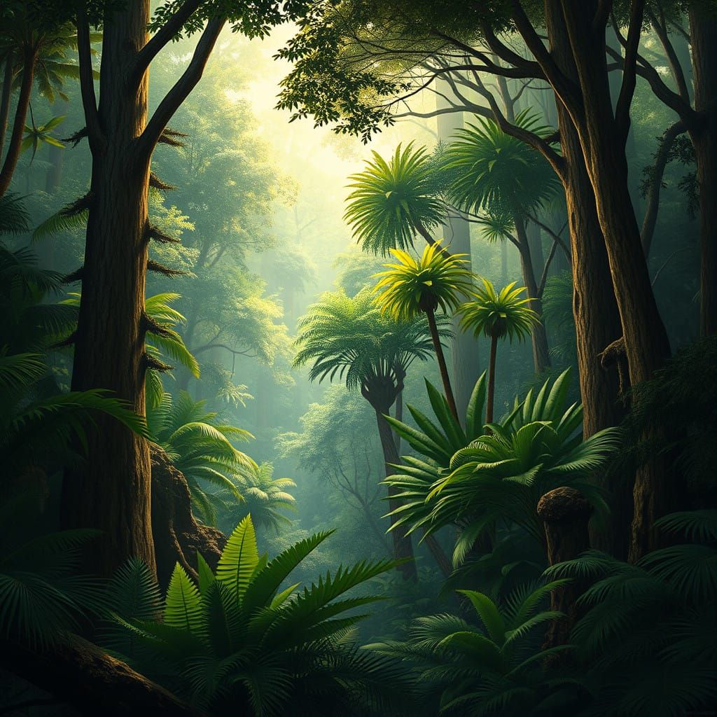 Vibrant Cretaceous Jungle Scene in Audubon-Inspired Style