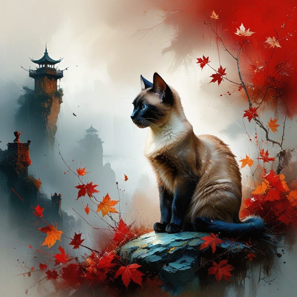 Siamese Cat Masterpiece in Autumn Hues