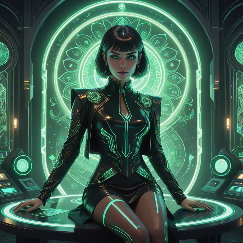 Enigmatic Tarot Reader in Futuristic Setting