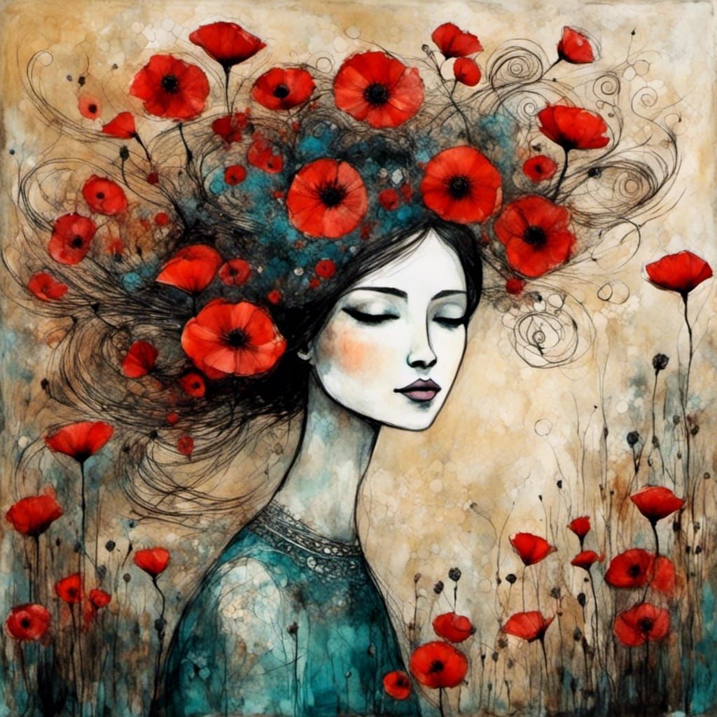 Lady with Poppies in Art Brut Style