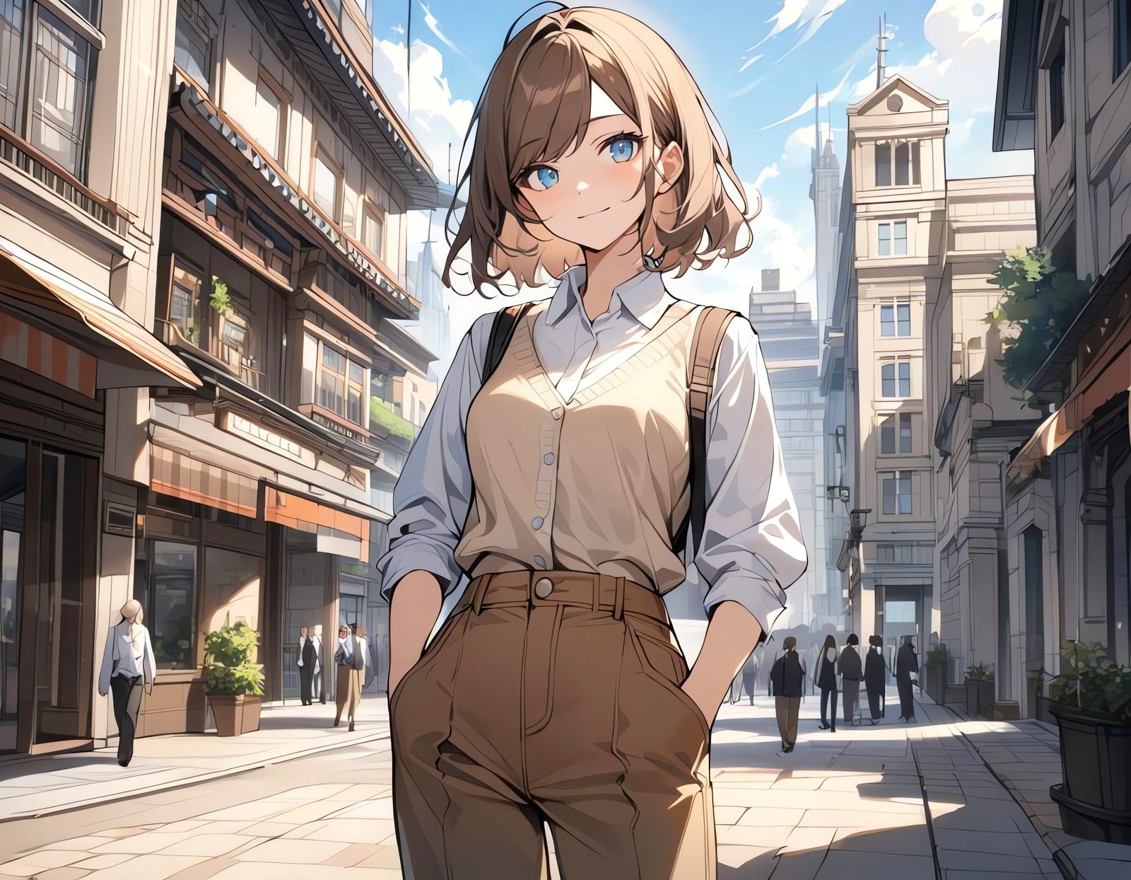 Girl in Sweater Vest and Denim, Cityscape Background