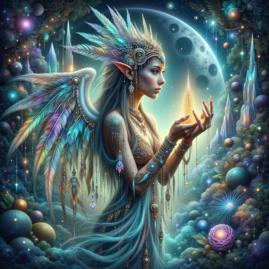 Ethereal Elf Maiden in Iridescent Gown with Glowing Talisman...