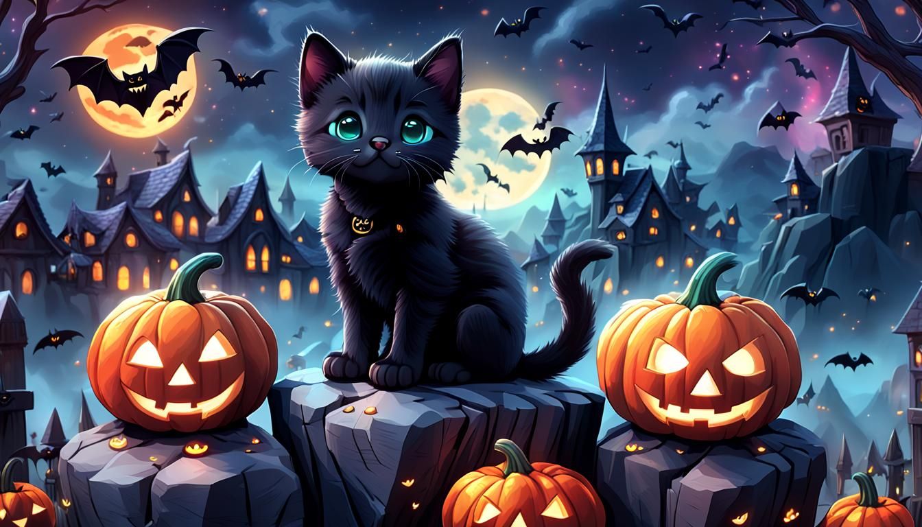 Adorable Black Kitten with Halloween Pumpkin, 3D Render
