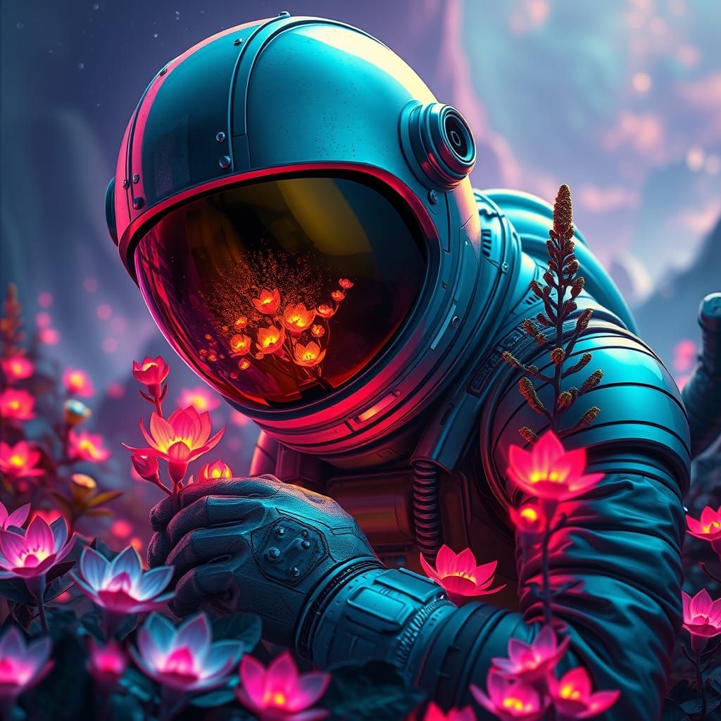 Sleek Astronaut Tends Radiant Alien Garden in Dreamlike, Neo...