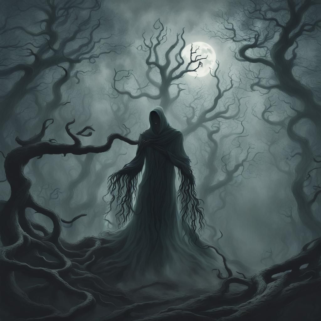 Mysterious Figure Emerges in Dark Fantasy Forest