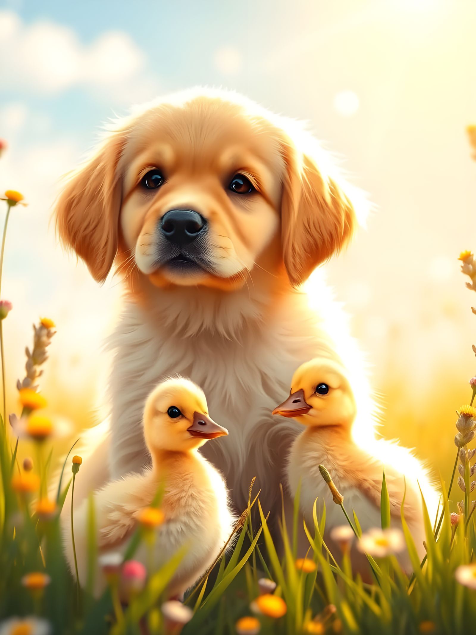 Fluffy Puppy and Duckling in Sunny Meadow