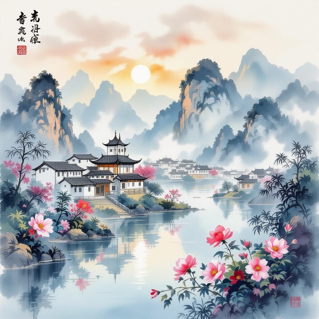 Ancient City Landscape in Chinese Watercolor Style