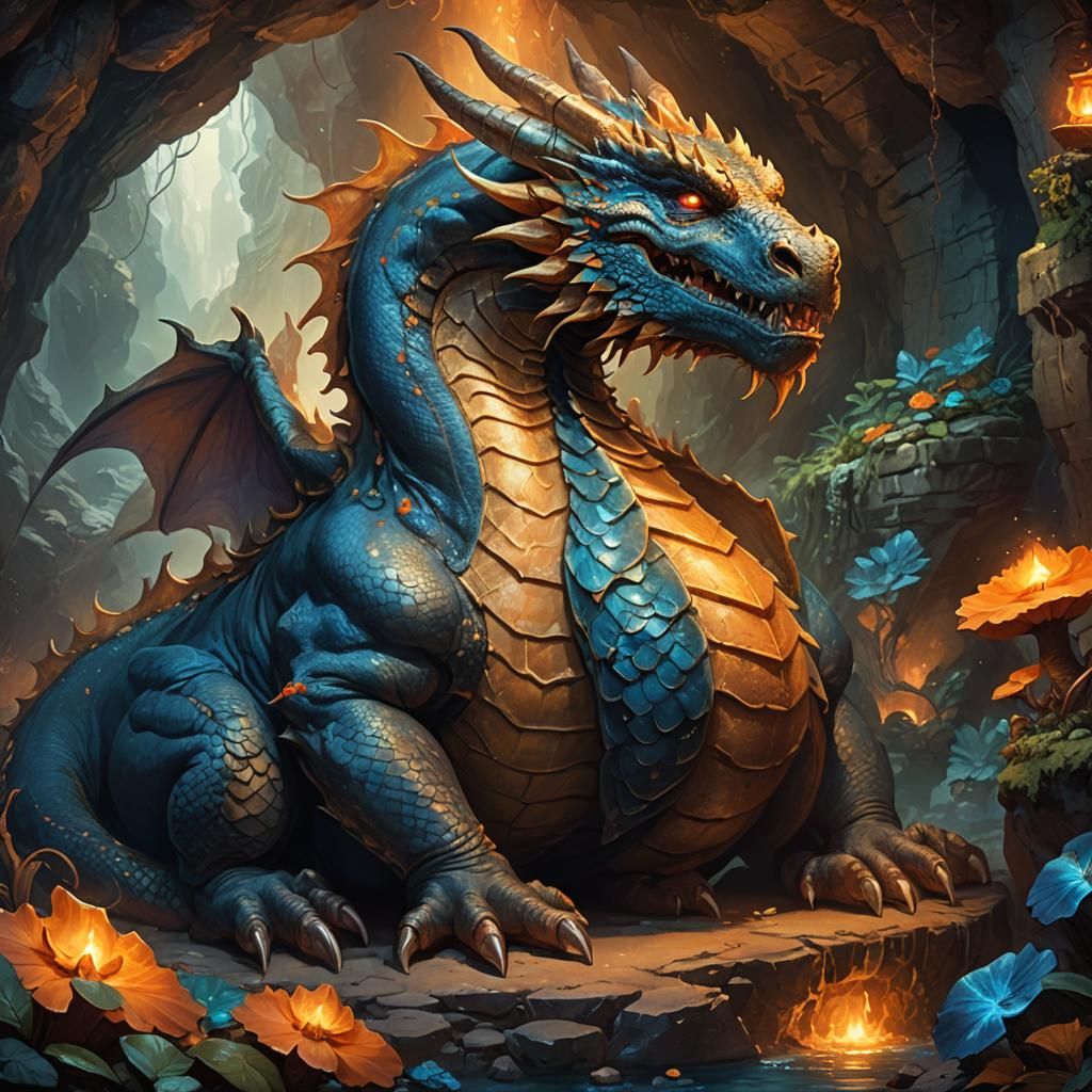 Fantasy Dragon Lounging in Mystical Cave