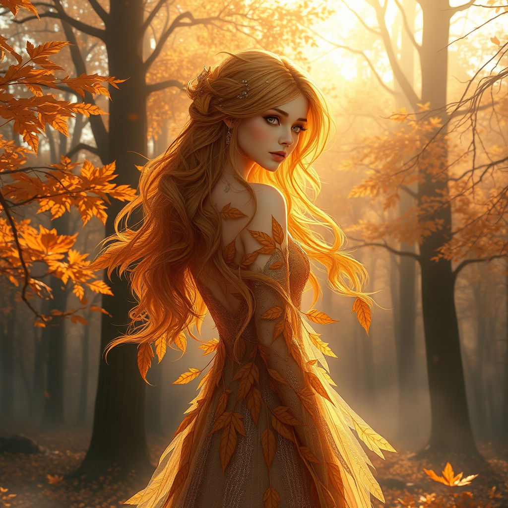 Autumn Goddess in Amber Forest, Digital Art