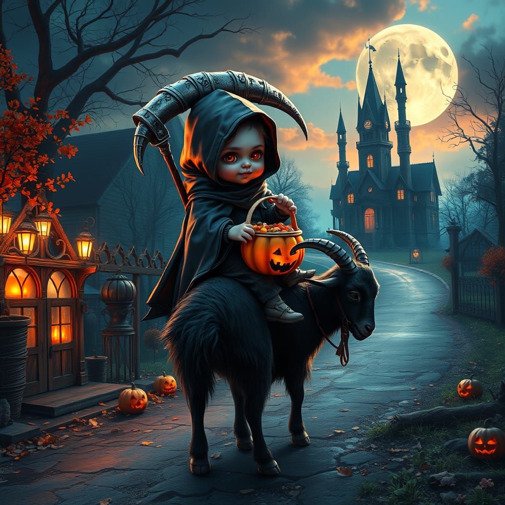 Baby Grim Reaper on Black Goat Rides to Haunted Mansion