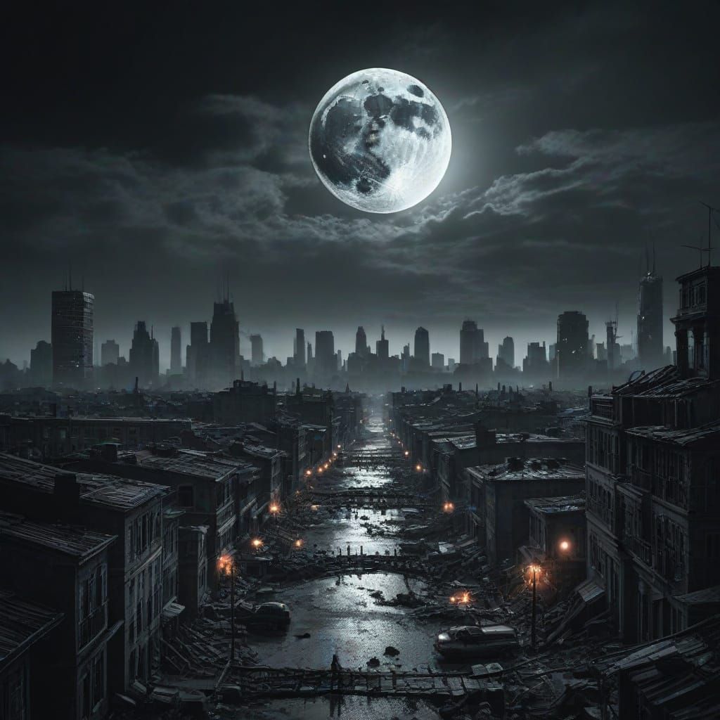 Black Moon Rises Over Apocalyptic Cityscape