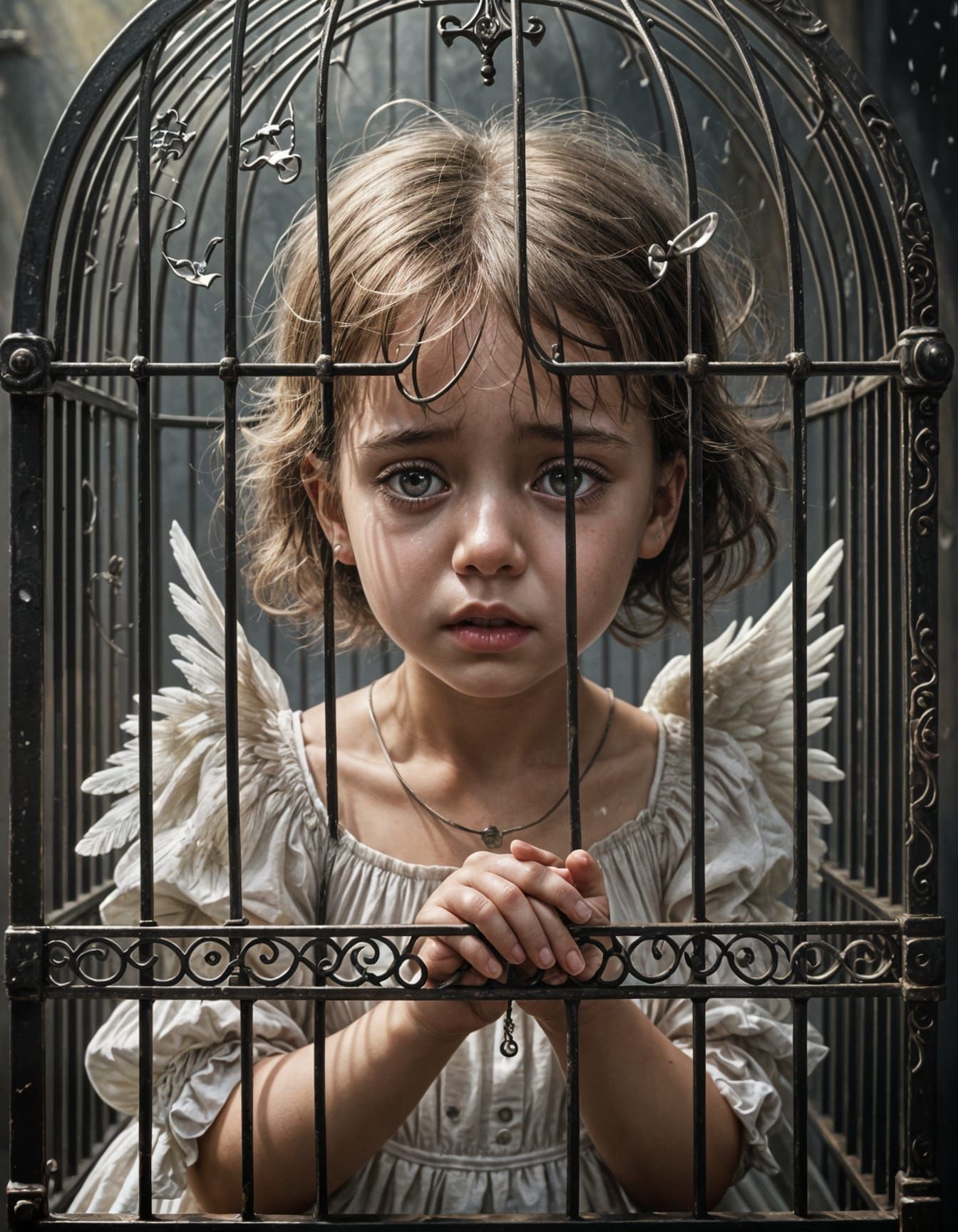 Angel Child Crying in a Wrought Iron Birdcage