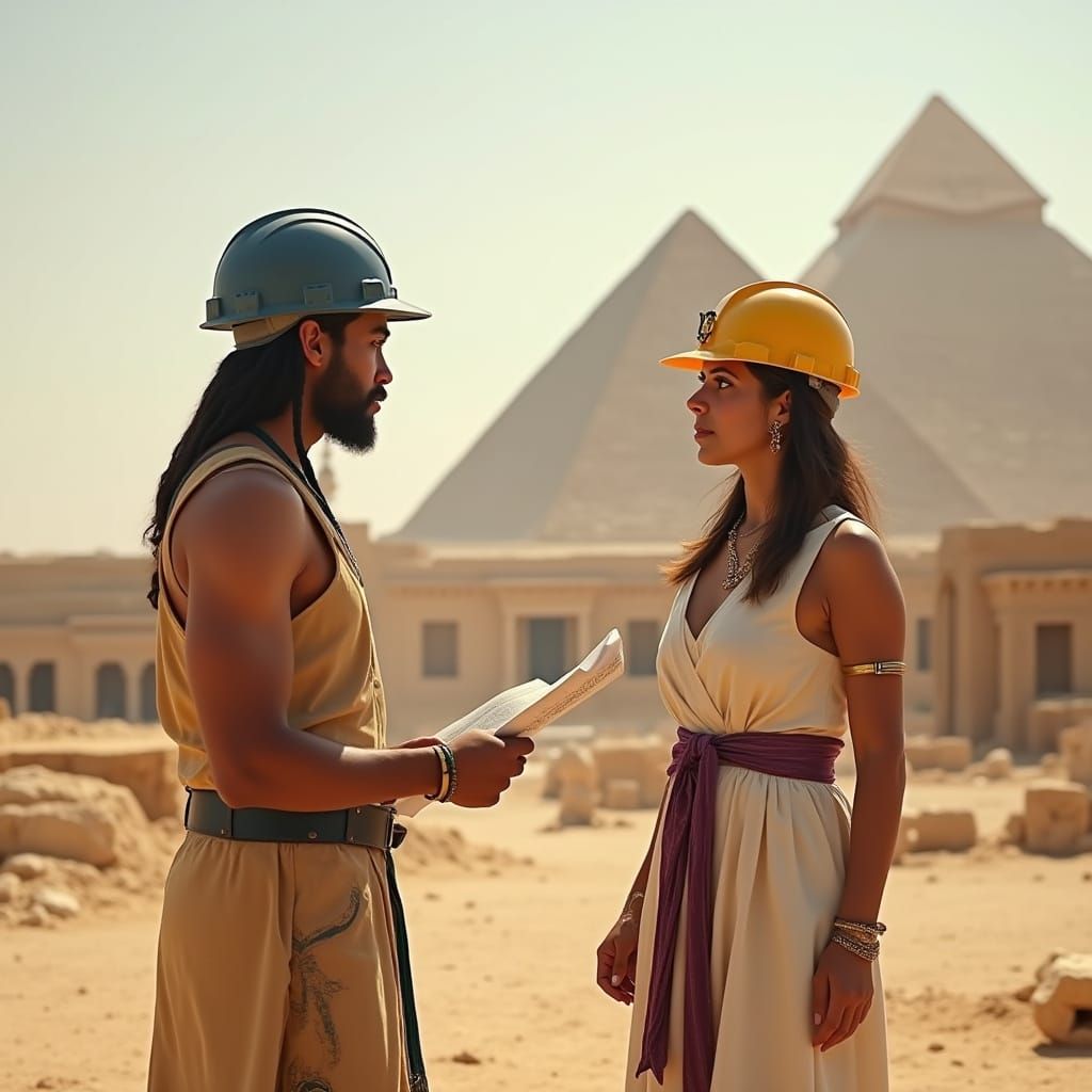 Construction Worker and Pharaoh at Giza Pyramids