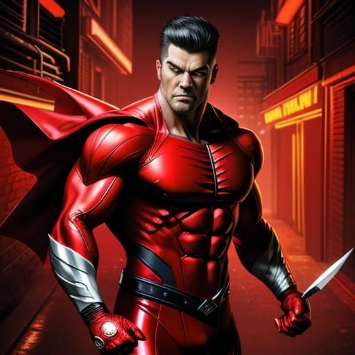 Man in Red Superhero Suit with Yamaha Logo Holding Knife