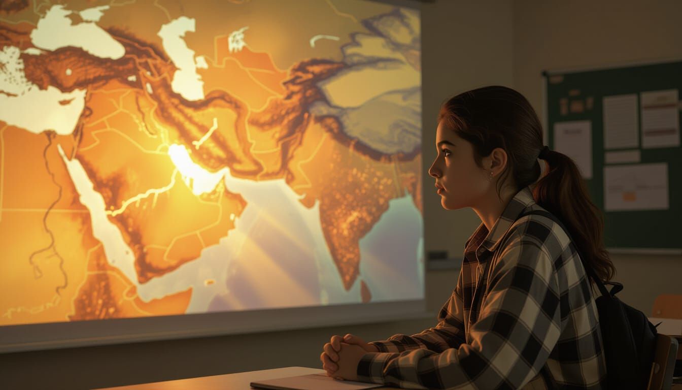 Student Gazes at Melting Middle East Map in Dim Classroom