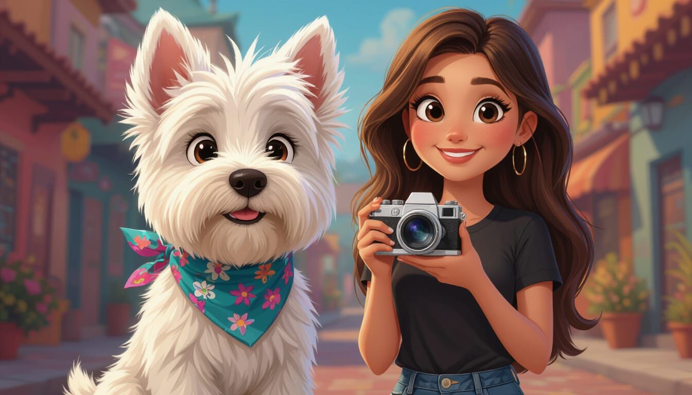 Pixar-Style Westie Puppy with Owner and Camera