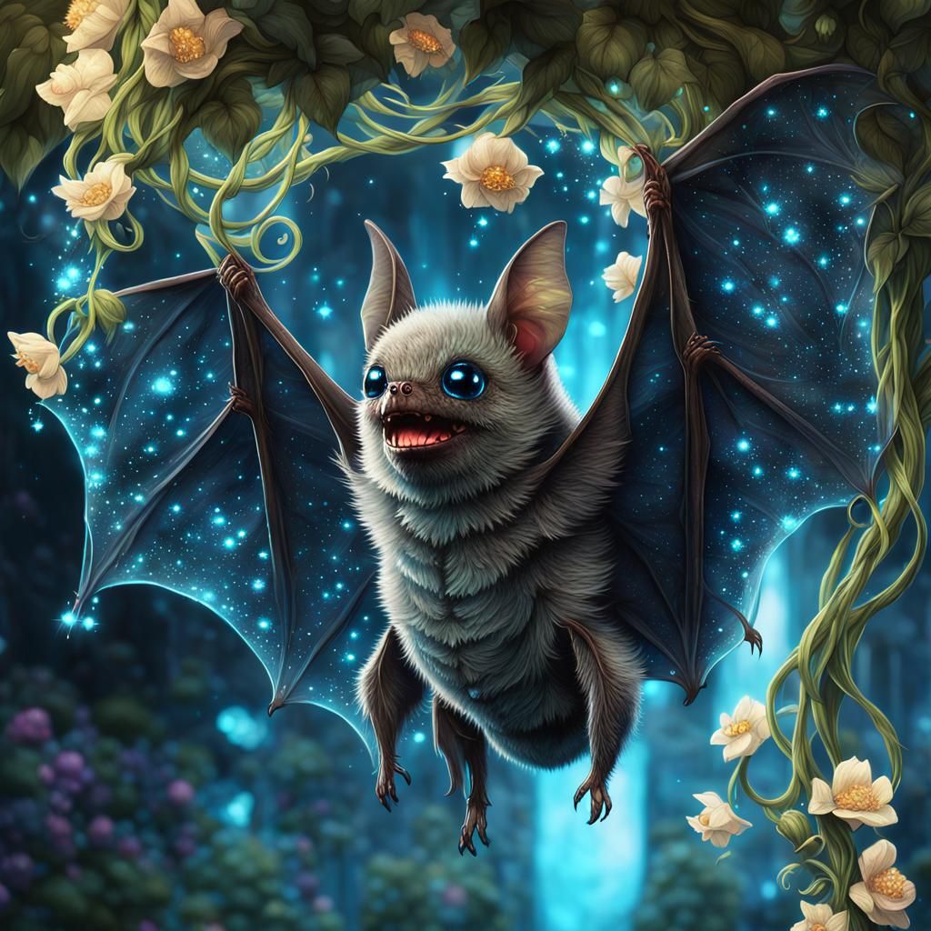 Bioluminescent Bat in Mystic Garden: Digital Art