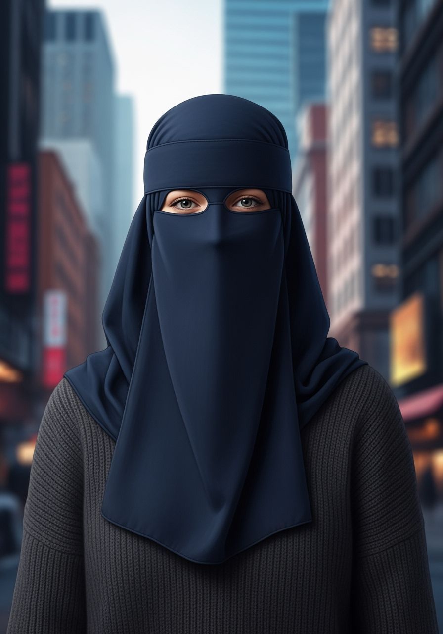 Portrait of Smiling Woman in Niqab, Cityscape
