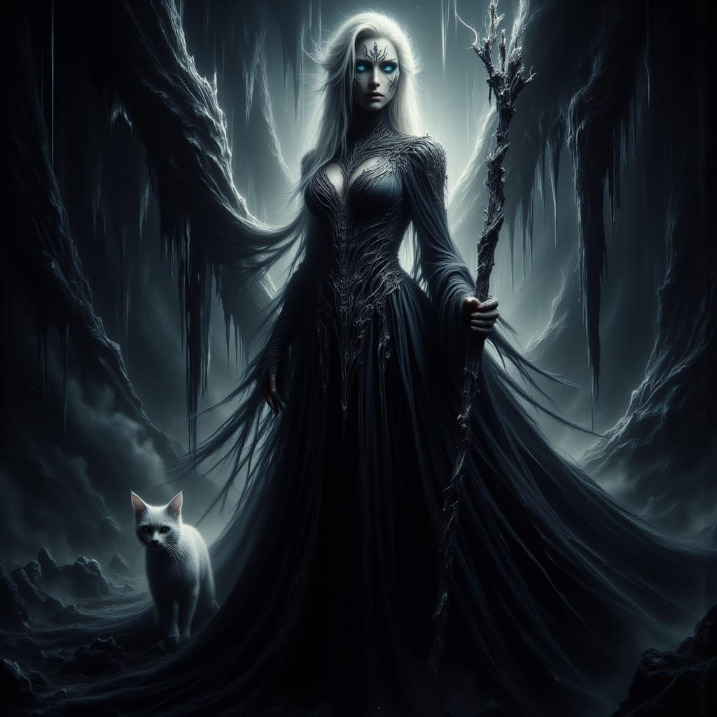 Blonde Witch and White Cat in Dark Gothic Art