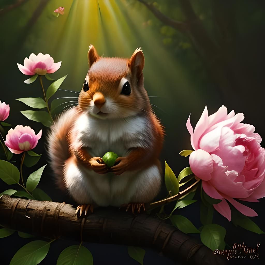 Squirrel and Peony in Bold Oil Painting Style