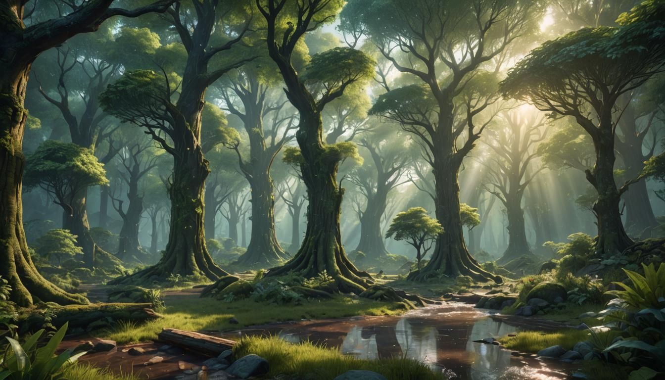 Sunlit Viridian Forest: Detailed Matte Painting