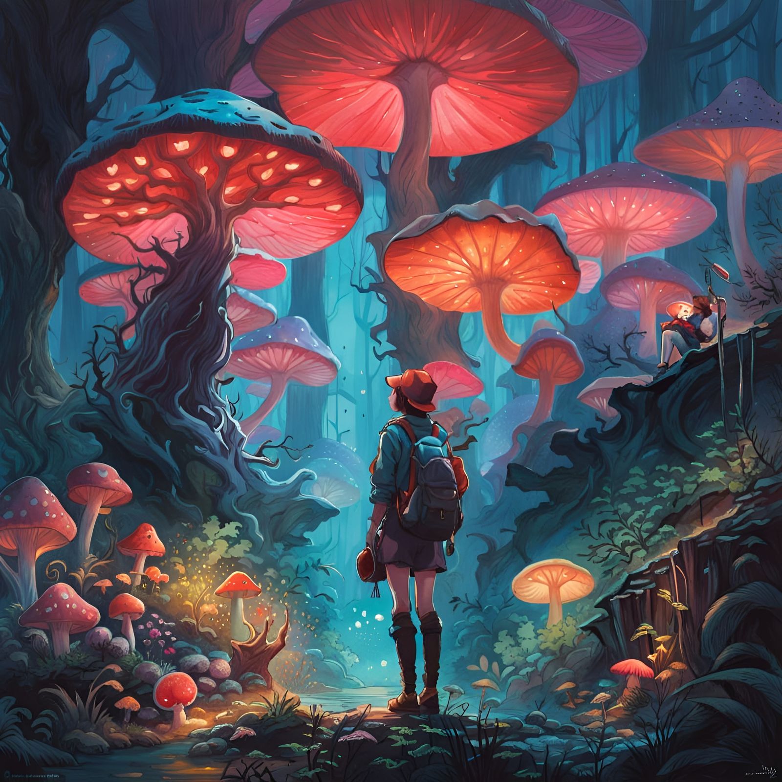 Surreal Mushroom Dreamscape in Neon Watercolor