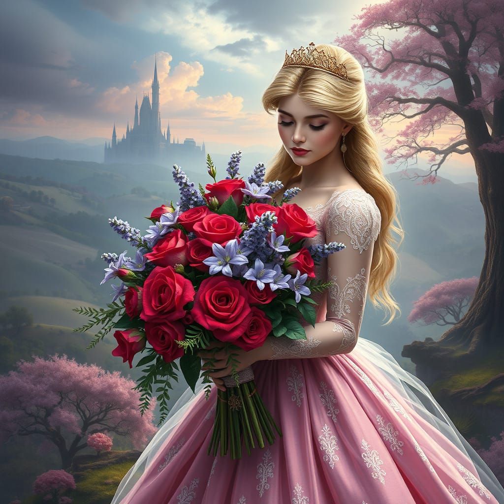 Ethereal Princess Aurora Surrounded by Vibrant Blooms in a F...