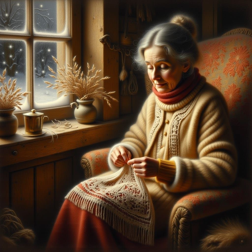 Warm Golden Light on a Knitting Old Woman in a Cozy English....