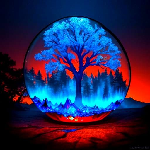 Vibrant Tree Ablaze on Glass Sea in Luminist Style