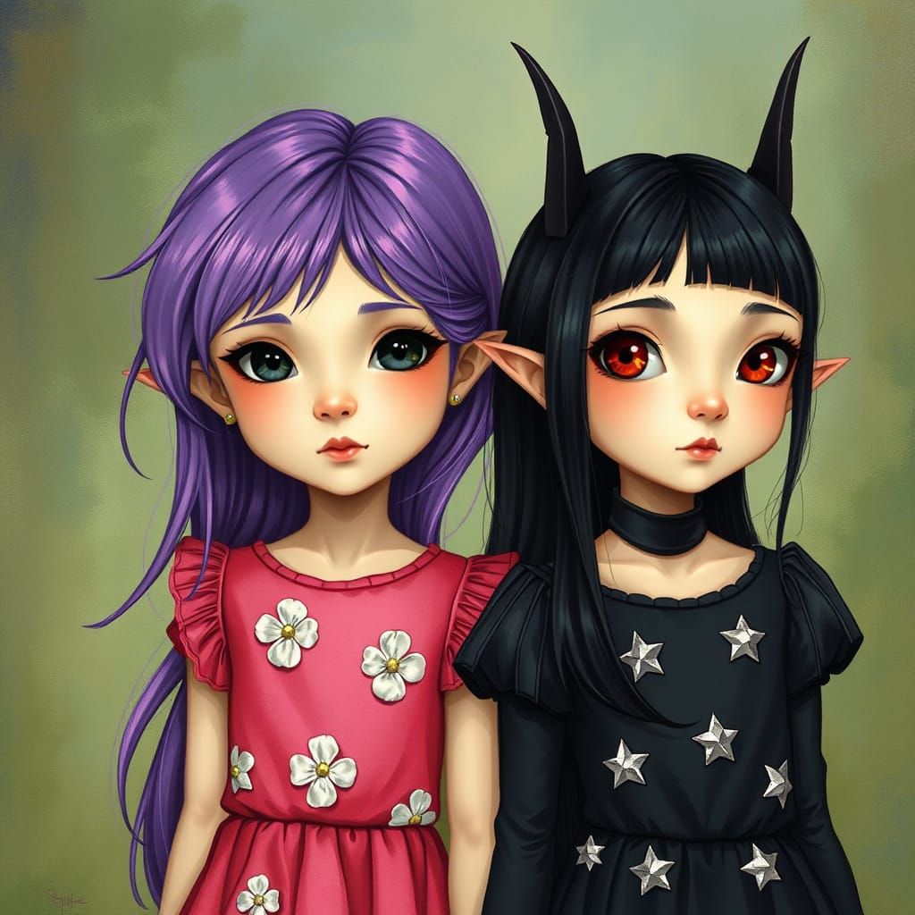 Fantasy Sisters with Magical Hair and Ears