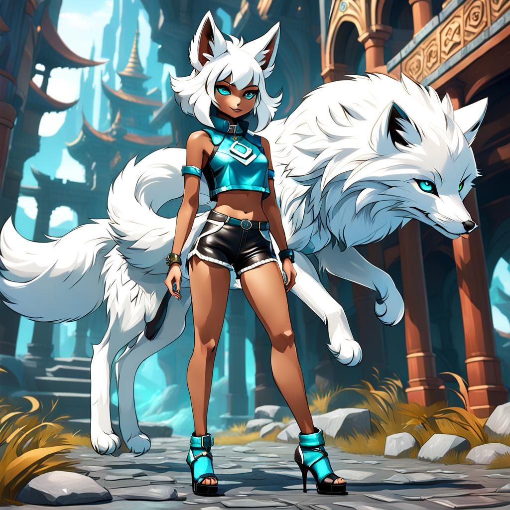 Detailed White Fox Furry in Leather Outfit