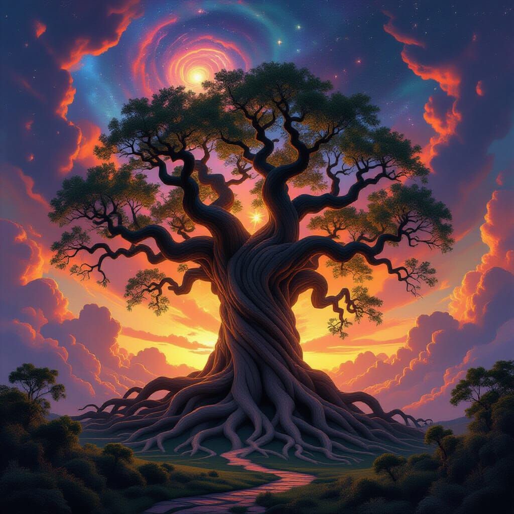 Ancient Tree with Geometric Roots Under Nebula Sky