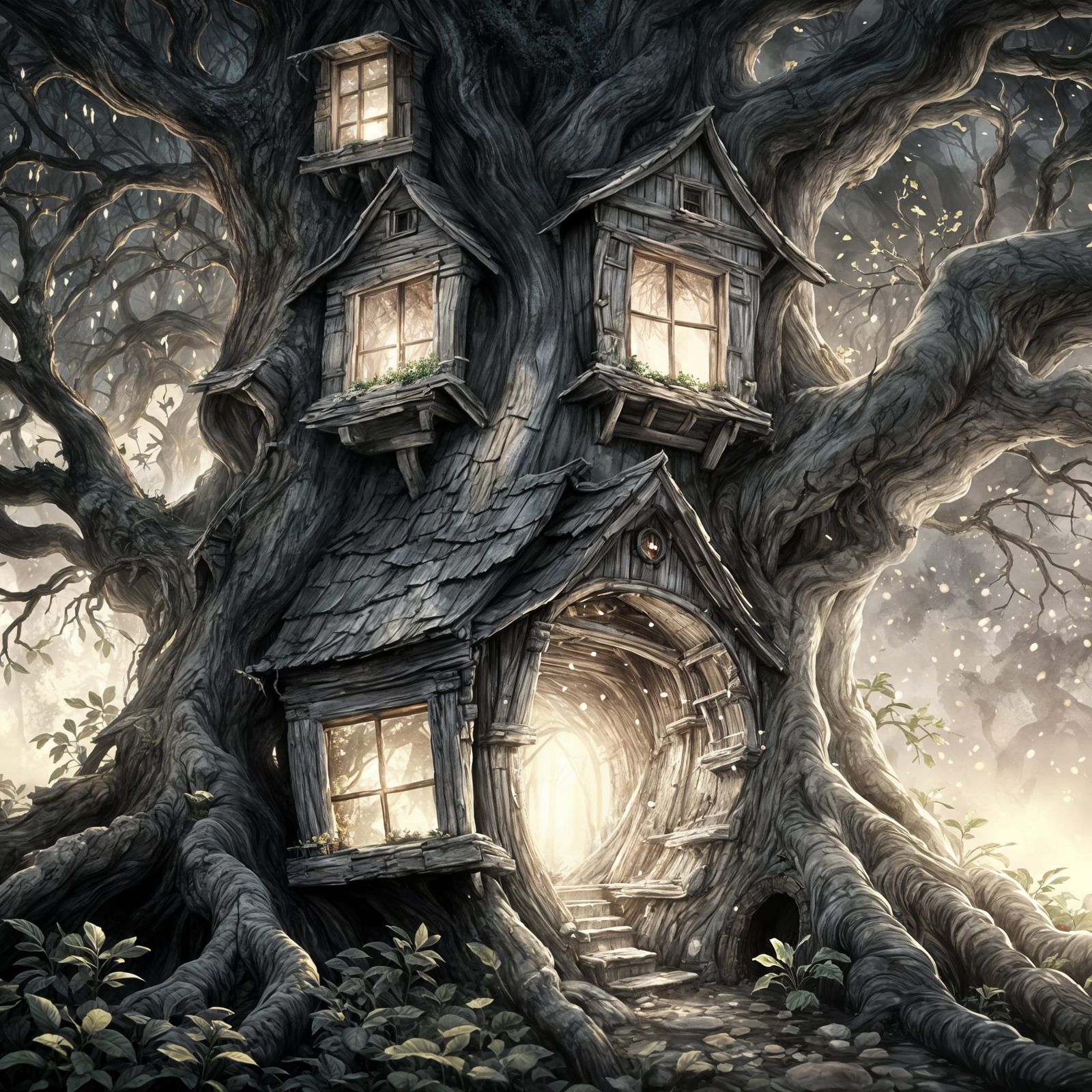 Watercolor House in Tree, Fantasy Concept Art