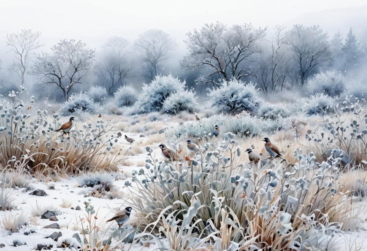 Watercolor Landscape with Partridges in Winter Fog