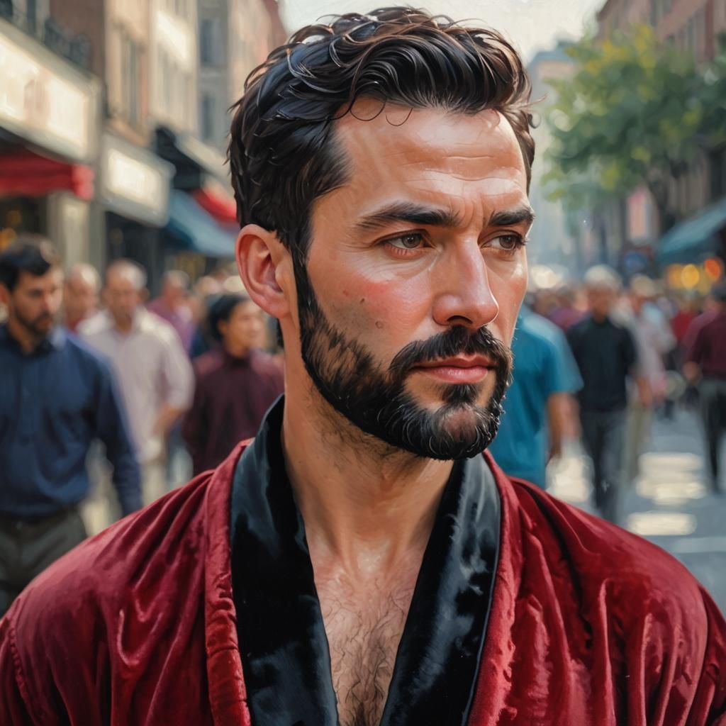 Bearded Man in Red Robe: Impressionist Street Scene