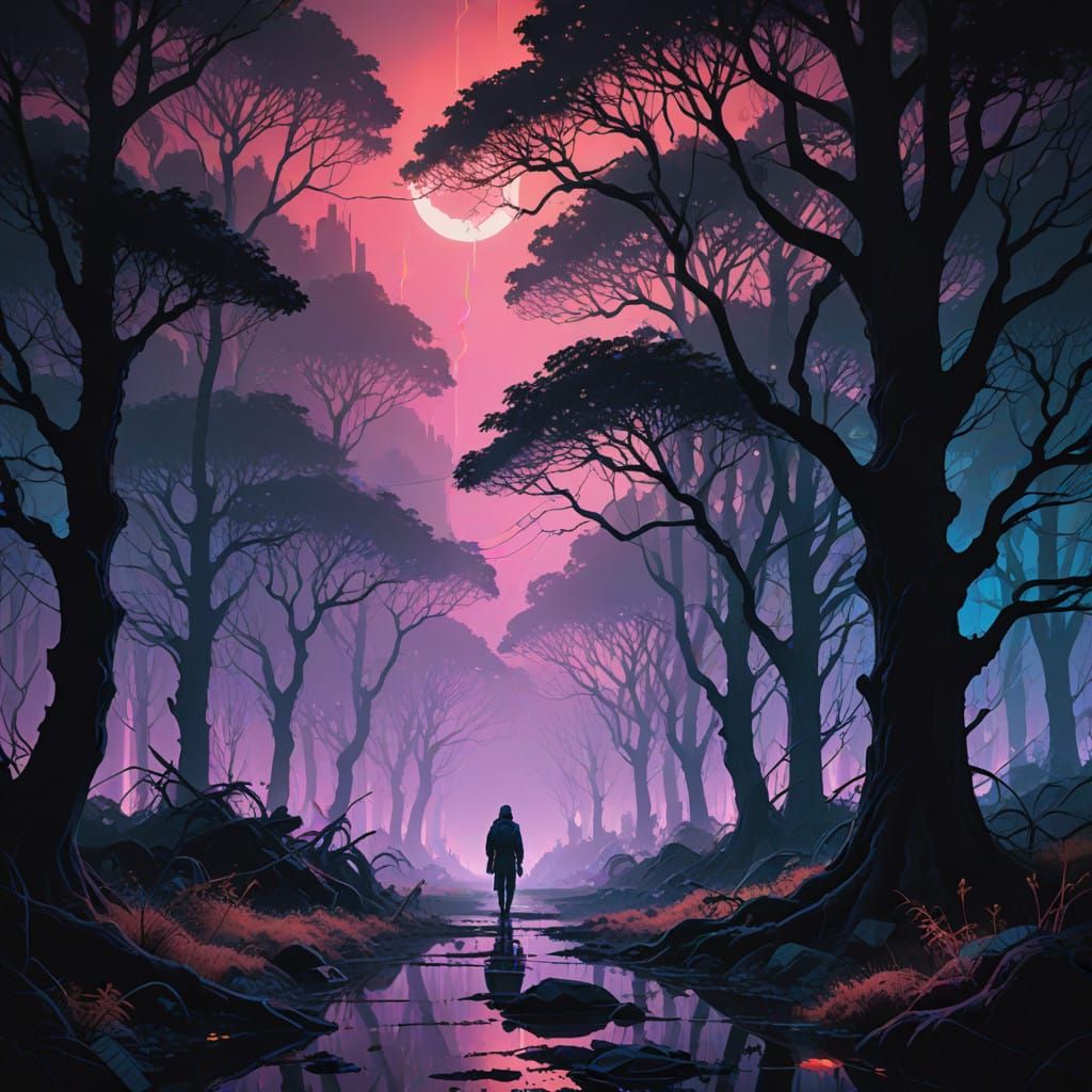 Ethereal Neon Dreams in a Retrofuturistic Forest