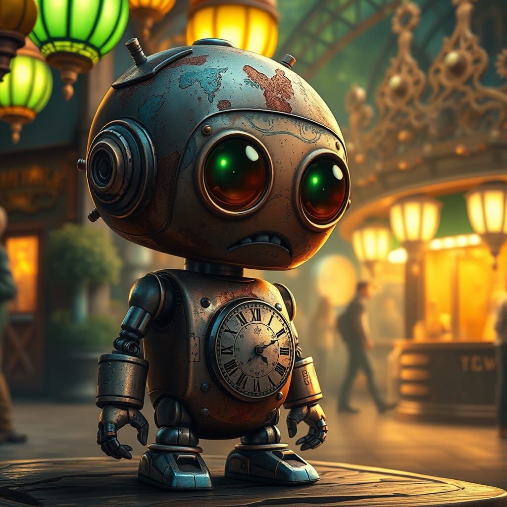 Melancholic Robot at Steampunk Fair, Digital Illustration