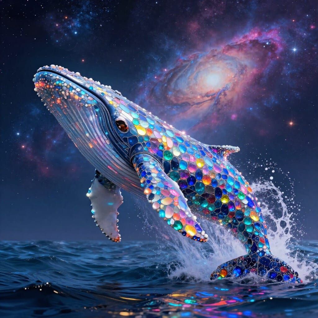 Rainbow Gemstone Whale Breaching in Cosmic Ocean