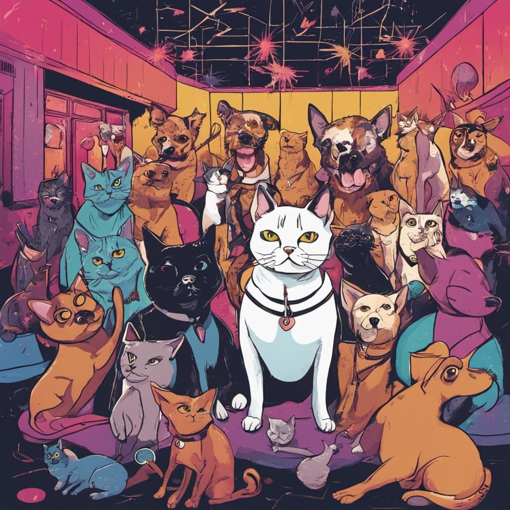 Nightclub Scene with Cats and Dogs