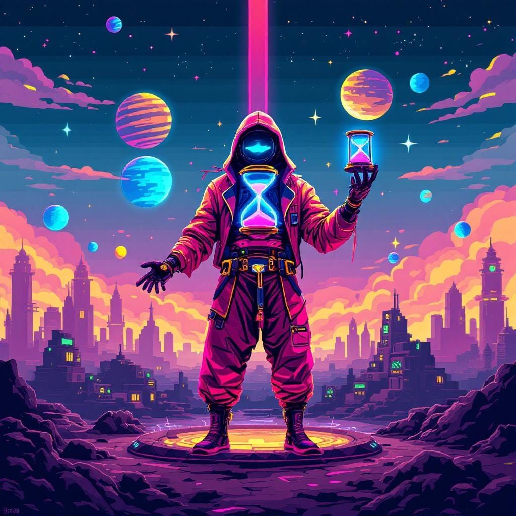 8-Bit Cyberpunk Deity with Neon Hourglass
