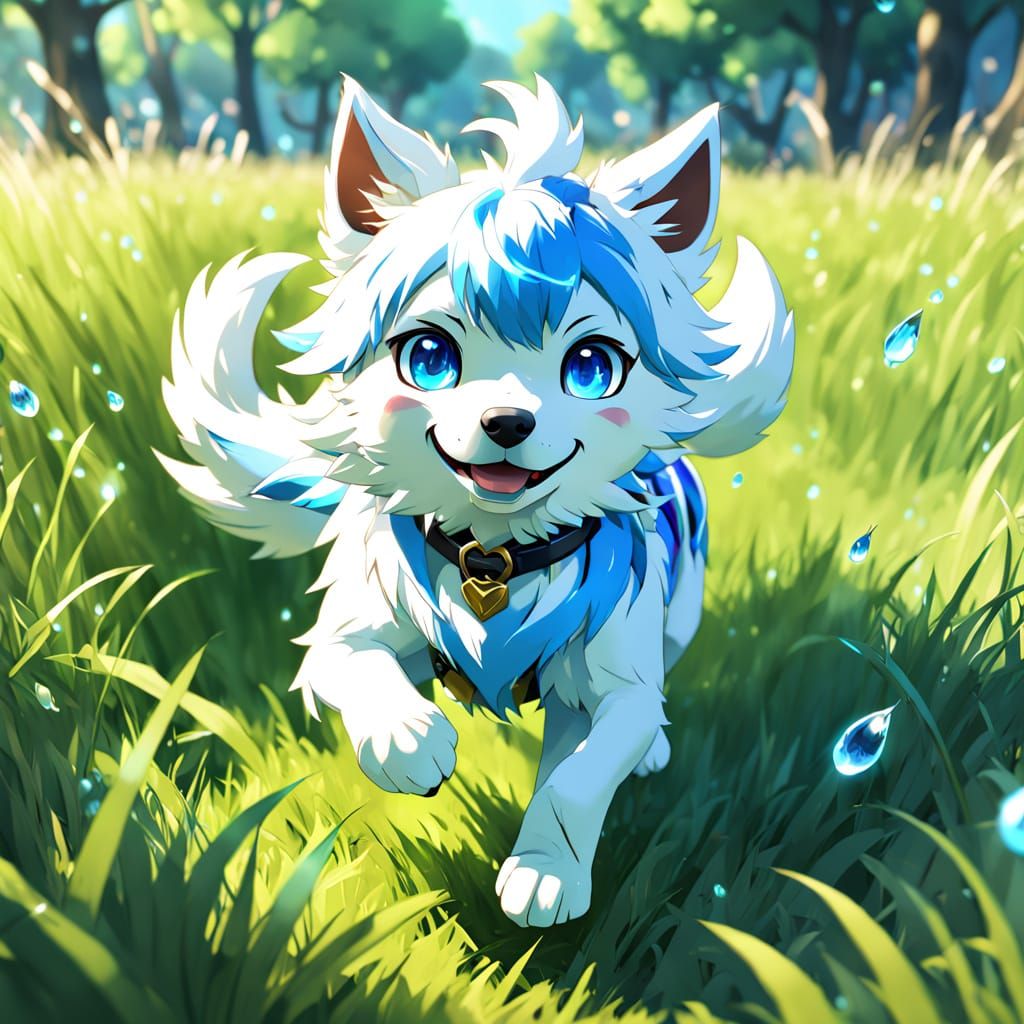 Vibrant Anime Dog Soars in Lush Green Meadow
