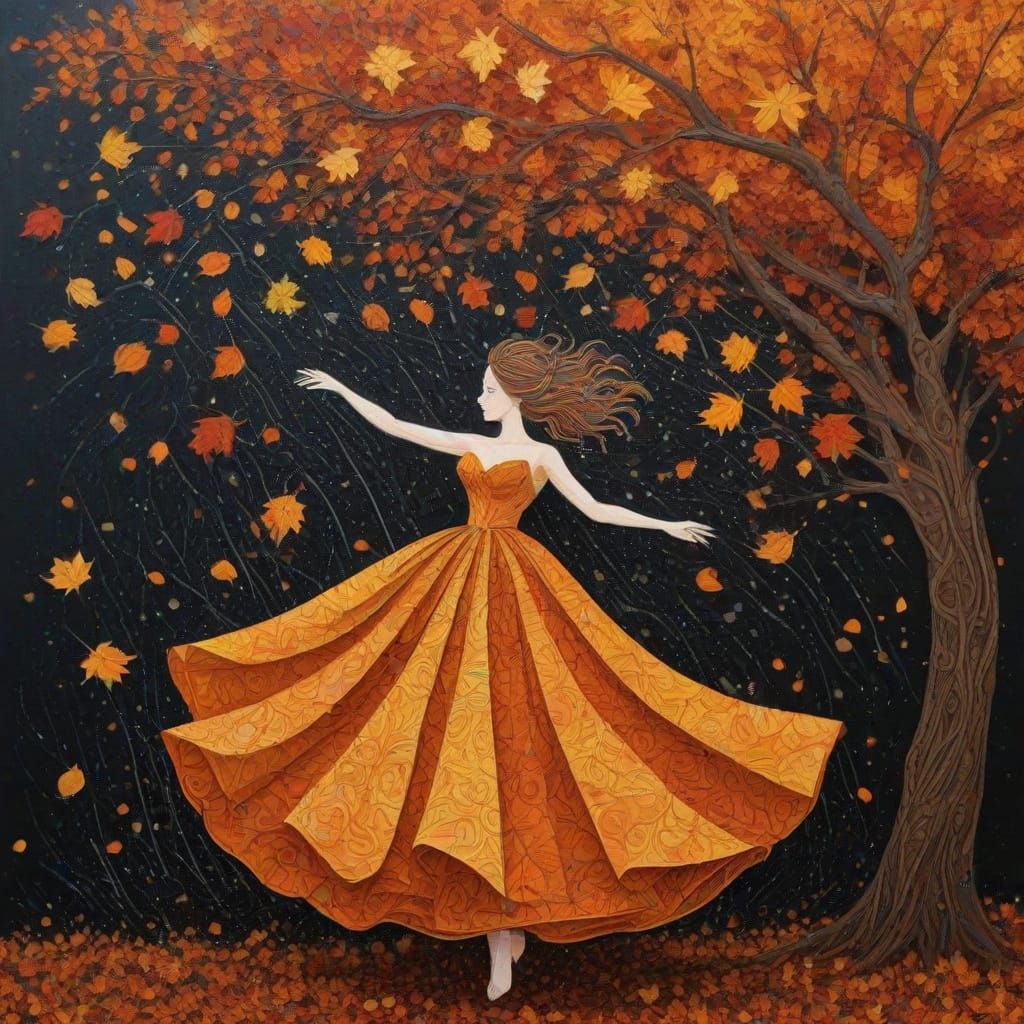 Woman Twirling in Autumn Leaves Mixed Media Art