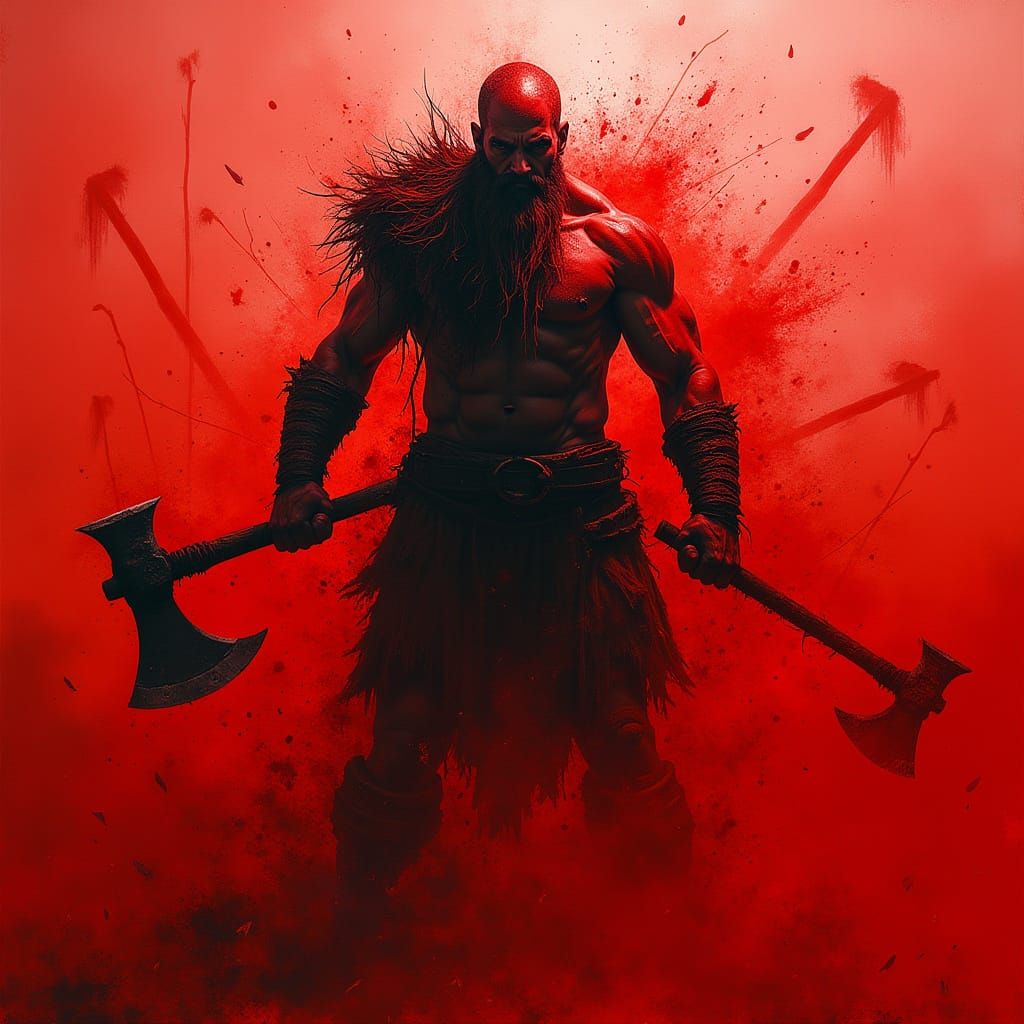 Raging Viking Berserker in Red Abstract Expressionist Style